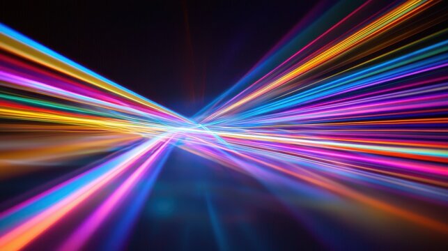 Diffraction laser bands radiating from central convergence point creating vibrant rainbow spectrum streaks with motion blur effect against dark gradient background