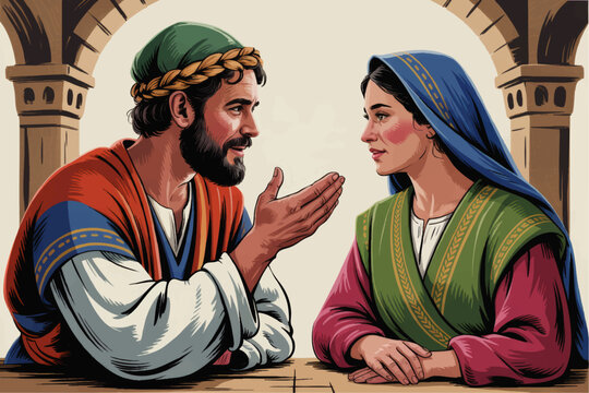 Biblical conversation illustration of ancient man and woman in traditional robes under stone arch, historical faith scene