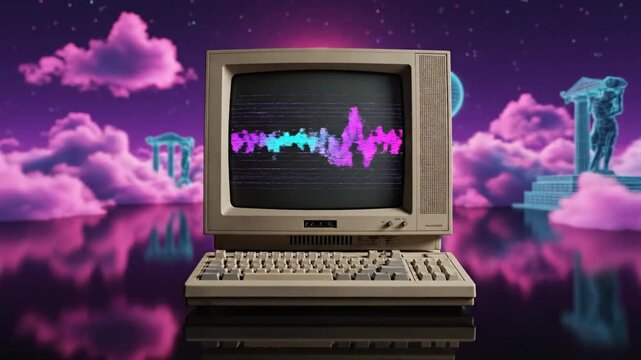 Retro computer on clouds with waveform.