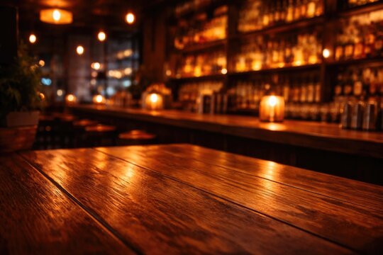 Inviting hardwood table scene with glowing heat and urban bar background