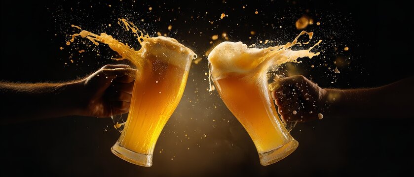 two glasses of lager beer bumping