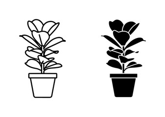 Obraz premium Fiddle Leaf Fig Potted Plant Outline and Silhouette Icon