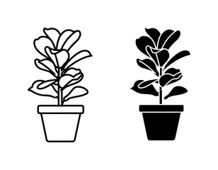 Obraz premium Fiddle Leaf Fig Potted Plant Line Art and Silhouette Icon