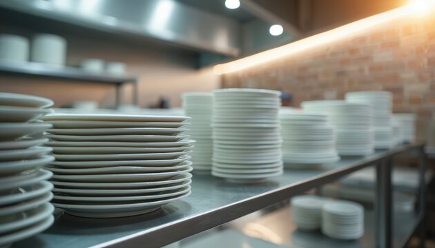 Clean white plates stacked high on metal shelf in restaurant kitchen ready for busy dinner service. Professional cooking prep area with soft warm light.