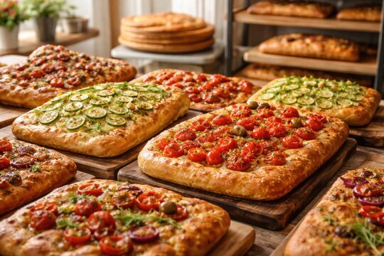 Variety of focaccia breads adorned with red tomatoes and green zucchini in a bright bakery environment