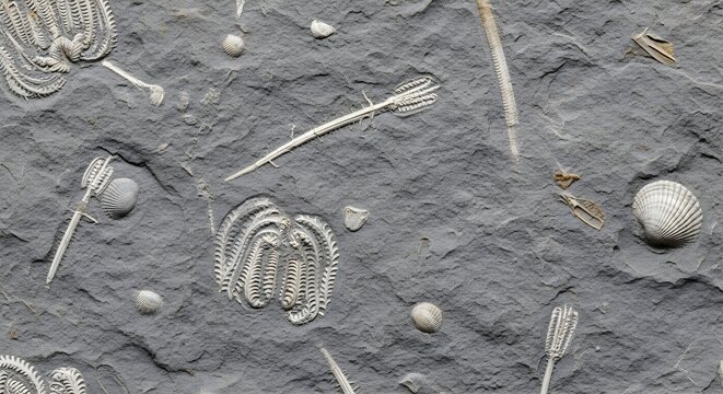Ancient marine fossils embedded in grey shale rock, prehistoric sea life fossilized in stone, crinoid and shell imprints on textured sedimentary slab