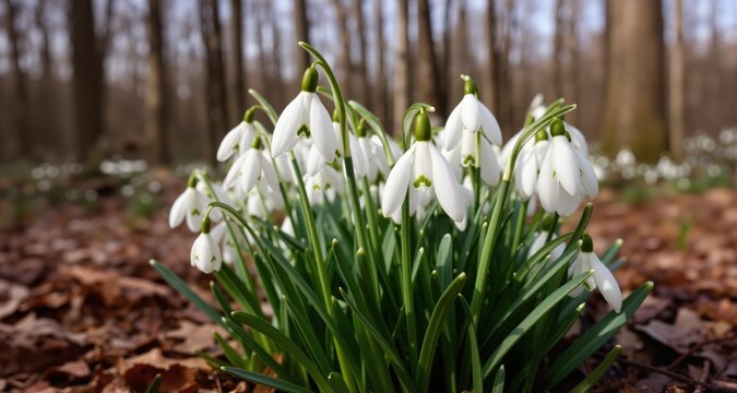 Galanthus nivalis or common snowdrop - blooming white flowers in early spring in the forest, closeup with space for text
