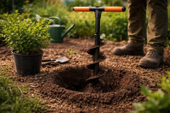 Manual earth auger drilling a hole in soil for shrub planting