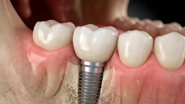 Dental implant with artificial tooth crown in jawbone, suitable for dentistry, oral surgery, medical education, healthcare, and implantology.