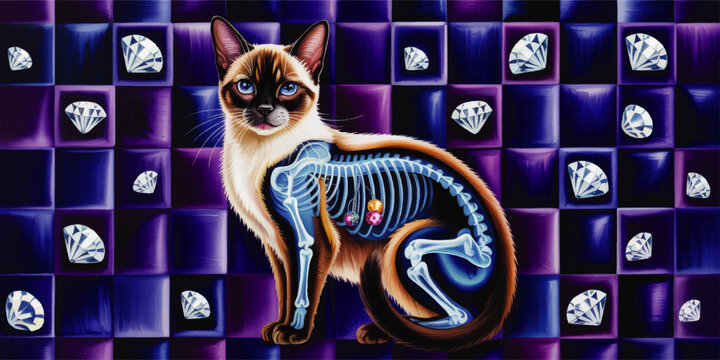 Surreal Siamese Cat Anatomy Illustration with Xray Skeleton, Diamonds, and Purple Geometric Background Digital Art