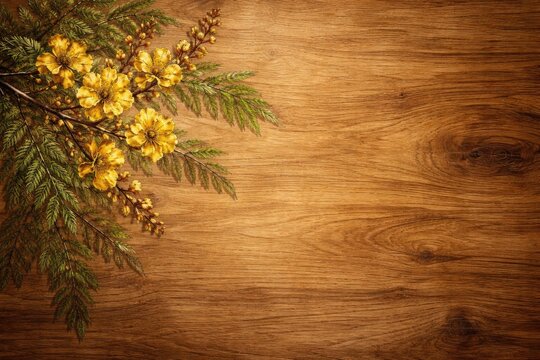 Natural wood grain backdrop showcasing Peltophorum pterocarpum flower drawing with copy space