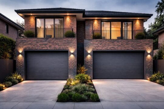 Brick residence with built in parking area and stylish grey roller shutter gates