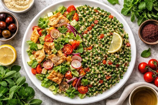 Overhead view of traditional Middle Eastern salad with fattoush and tabbouleh on white plate