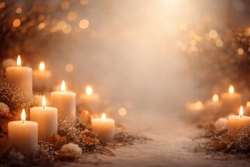 Soft toned All Souls Day photorealistic backdrop featuring flickering candles and ample copy space