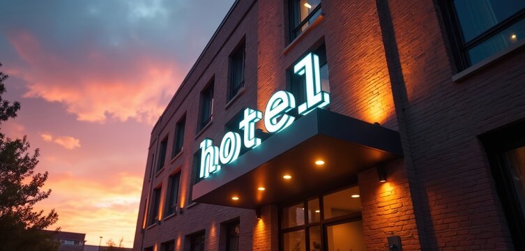 Hotel building exterior at twilight. Illuminated neon sign says hotel with a number one. Warm light shines on brick facade. Sunset sky with clouds.