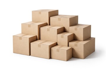 Fototapeta premium Beige corrugated cardboard boxes in multiple sizes stacked neatly on a white surface