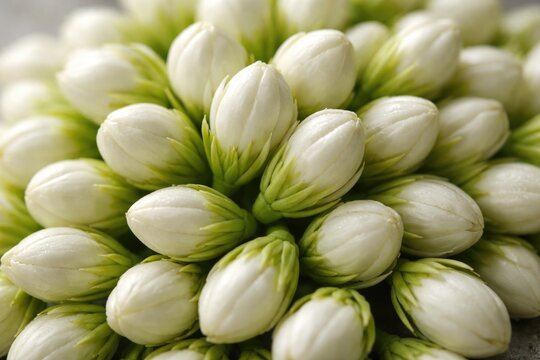 Close up of fresh mogra buds used in fragrance making