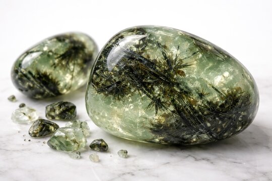 High resolution image of polished prehnite and epidote mineral specimens on white