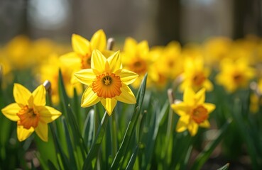 Obraz premium Yellow narcissus flowers bloom on a green flowerbed. Many daffodils with orange centers grow close together. Sun shines on blossoms in a park. Nature awakens in spring.