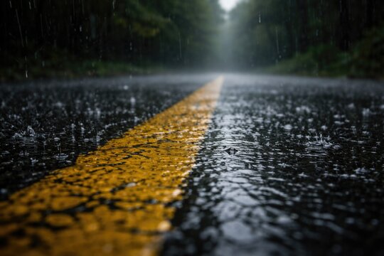 Detailed close up of rain droplets on dark asphalt highlighting a distinct yellow road marking with blurred forest in background during rain