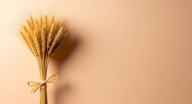 Golden Wheat Stalks Tied with Raffia Bow on Soft Peach Background