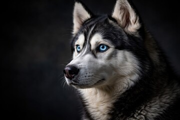 Fototapeta premium Close up portrait of a Siberian Husky dog with blue eyes looking right against a dark backdrop