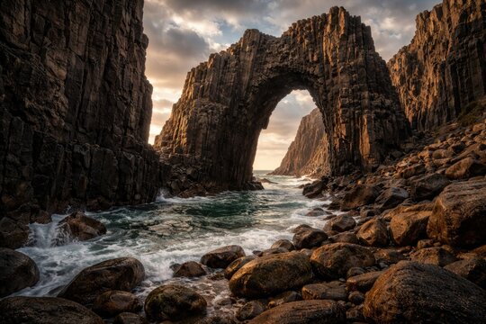 Seaside perspective of towering dolerite rock formations with archway