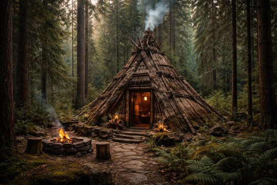 Handcrafted wikiup cabin set within tall forest trees