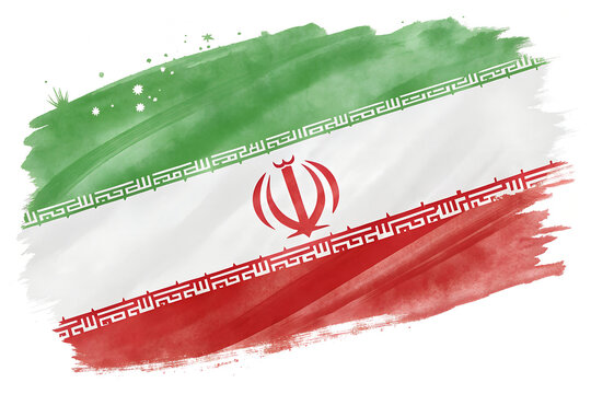 Watercolor artistic Iran national flag with green white red horizontal bands central red emblem and Kufic script border symbolizing culture identity and heritage     generative ai