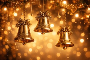 Fototapeta premium Elegant golden bells dangling over a warm luminous background with holiday spirit