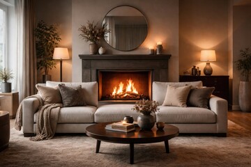 Naklejka premium Stylish living room setting with front sofa and glowing fireplace including copy space