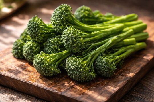 Natural light illuminating fresh bimi broccoli on wooden surface