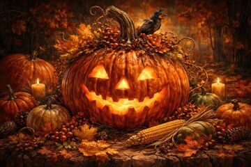 Fototapeta premium Whimsical pumpkin artwork reflecting the spirit of Halloween and autumn bounty