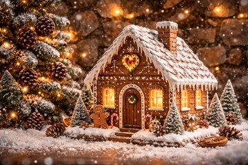 Fototapeta premium Festive homemade gingerbread house surrounded by snowflakes and pine cone decorated Christmas tree on stone wall