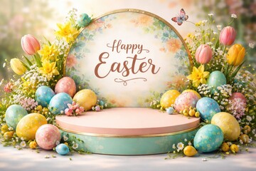 Fototapeta premium Easter themed product display platform with colorful eggs and holiday branding