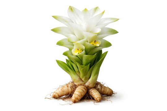 Detailed white turmeric herb bloom isolated against white backdrop with clipping path