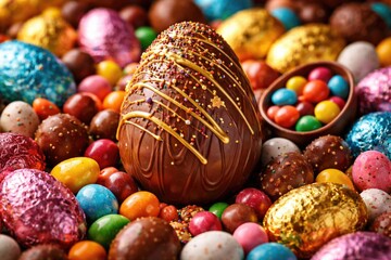 Fototapeta premium Delicious Easter egg among a colorful collection of tasty chocolates