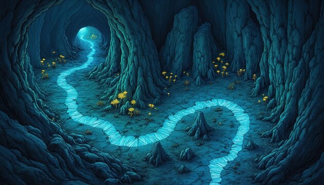 Cave river with glowing blue water flows through dark underground cavern. Bioluminescent flora and rock formations create magical fantasy landscape. Path leads into tunnel.
