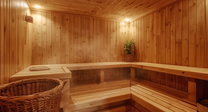 Soothing steam filled cozy wooden sauna designed for tranquil wellness