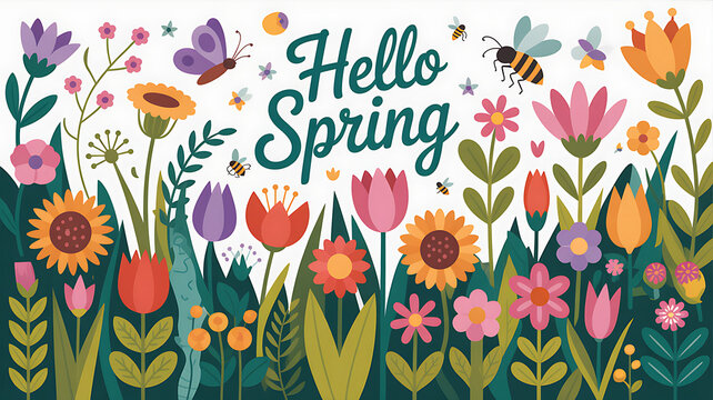 Beautiful Hello Spring floral illustration with buzzing bees, butterflies, and blooming flowers celebrating the season's arrival