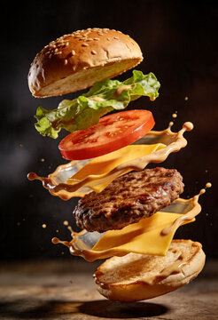 Deconstructed cheeseburger with floating layers of bun, lettuce, tomato, and patty on black background