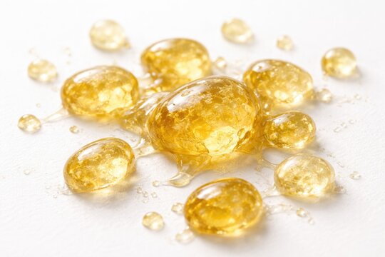 Close up of mastic resin droplets on a clean white background