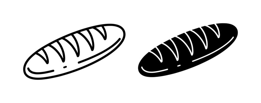 Baguette Bread Line and Silhouette Icon Set