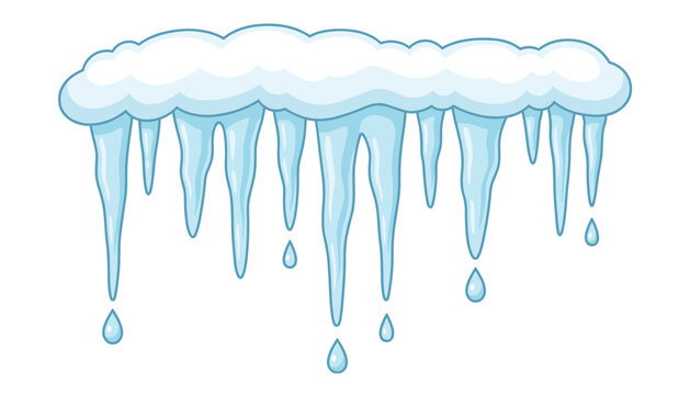 Melting icicles with dripping water drops and snowflakes vector art on transparent background.