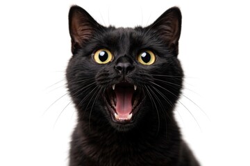 Fototapeta premium Funny black feline with wide open mouth surprised face on plain white backdrop