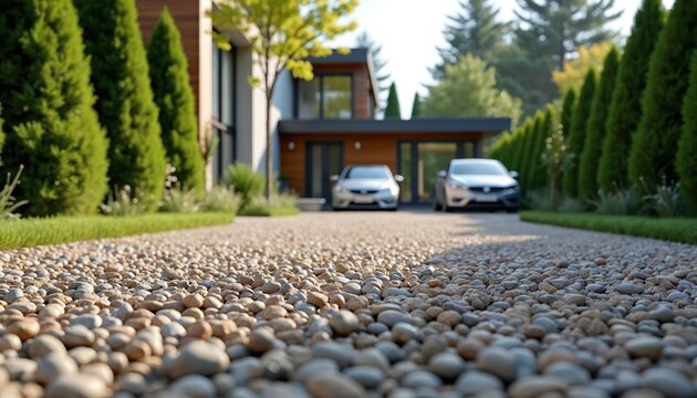 Modern house exterior with gravel driveway. Two cars parked on smooth stone path leading to home entrance. Lush green trees border property, sunny day.
