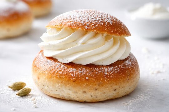 Delicious Semla sweet bun showcased on a bright white background with soft lighting