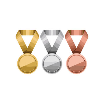 Gold, silver, and bronze medals, each symbolizing victory and accomplishment.