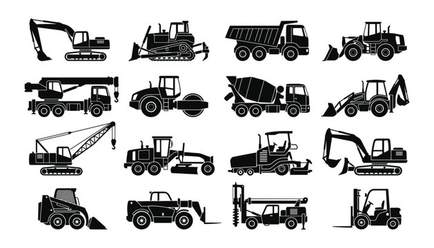 Set of construction machinery icons with excavator, truck, bulldozer, and crane, on transparent background.