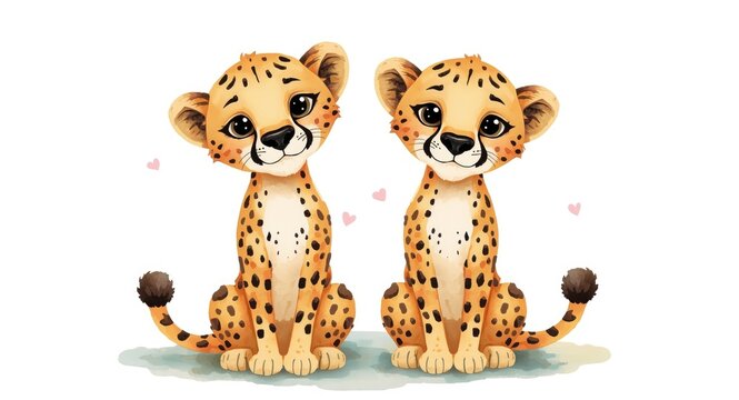 Watercolor painting of two adorable cartoon cheetahs set against a white blank backdrop